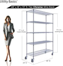 48"x18"x72" Chrome 5-Tier PREMIUM Wire Shelving NSF 4000 LBS MAX CAPACITY Heavy Duty Steel Storage Rack for Warehouses, Garages, Hospitals, Commercial Spaces, & Schools w/PREMIUM WHEELS by CozyNest Decor
