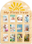 ORIGACH My First Year Baby Growth Photo Display Wood Board - 12 Months Newborn Milestones Photo Board - Neutral Baby Keepsake Frame 1st Birthday Party Nursery Decor New Mom Gift - Sun & Cloud by TinyTreasures Baby Boutique