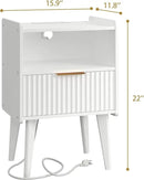 Fluted Nightstand with Charging Station, Modern Bedside Table with Drawer,White Nightstand with Solid Wood Legs, End Table,Side Table for Living Room,Bedroom White CTG57WE by CozyNest Decor