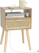 MaxSmeo Bedside Table, Small Nightstand with Charging Station, Rattan Side Table Wood End Table for Living Room, Bedroom and Small Spaces, Mid Century Modern Nightstand, Easy Assembly (Natural) by CozyNest Decor