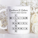 Family Forever Linked Together Custom Names Ceramic Mug, Crossword Puzzle Art, for Birthday, Anniversary or Special Occasions (Brothers & Sisters Forever Linked Together White Mug Ver 1) by TinyTreasures Baby Boutique