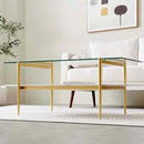 Rectangle Coffee Table for Living Room, Mid-Century Modern Design, L41 x W21 x H17, 2-Tier Structure, Clear Glass Top and White Marble Finish Wood Shelf, Conical Legs with Gold Finish by CozyNest Decor