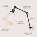 JONATHAN Y JYL7462C Rover 7" Classic Industrial Metal Adjustable Arm LED Wall Sconce, White/Oil Rubbed Bronze for Bedroom, Bathroom, Vanity by CozyNest Decor