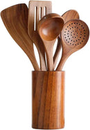 Wooden Spoons for Cooking, Cooking Utensils Set of 6 Natural Teak Wooden Cooking Spatulas with Utensils Holder Comfort Grip Wooden Kitchen Utensils for Nonstick Cookware by CozyNest Decor
