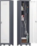 Storage Cabinet,Slim Broom Closet Storage Cabinets with Lockable Doors,Narrow Utility Cabinets with Hanging Rod,Tall Broom Closet for Laundry,Home Office,Grey-White by CozyNest Decor