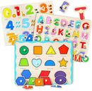 GRINNNIE Wooden Montessori Toddler Puzzles for 1 2 3 4 Years Old, 3 Pcs (Number, Letter, Shape) Kids Preschool Educational Peg Puzzle Set by TinyTreasures Baby Boutique