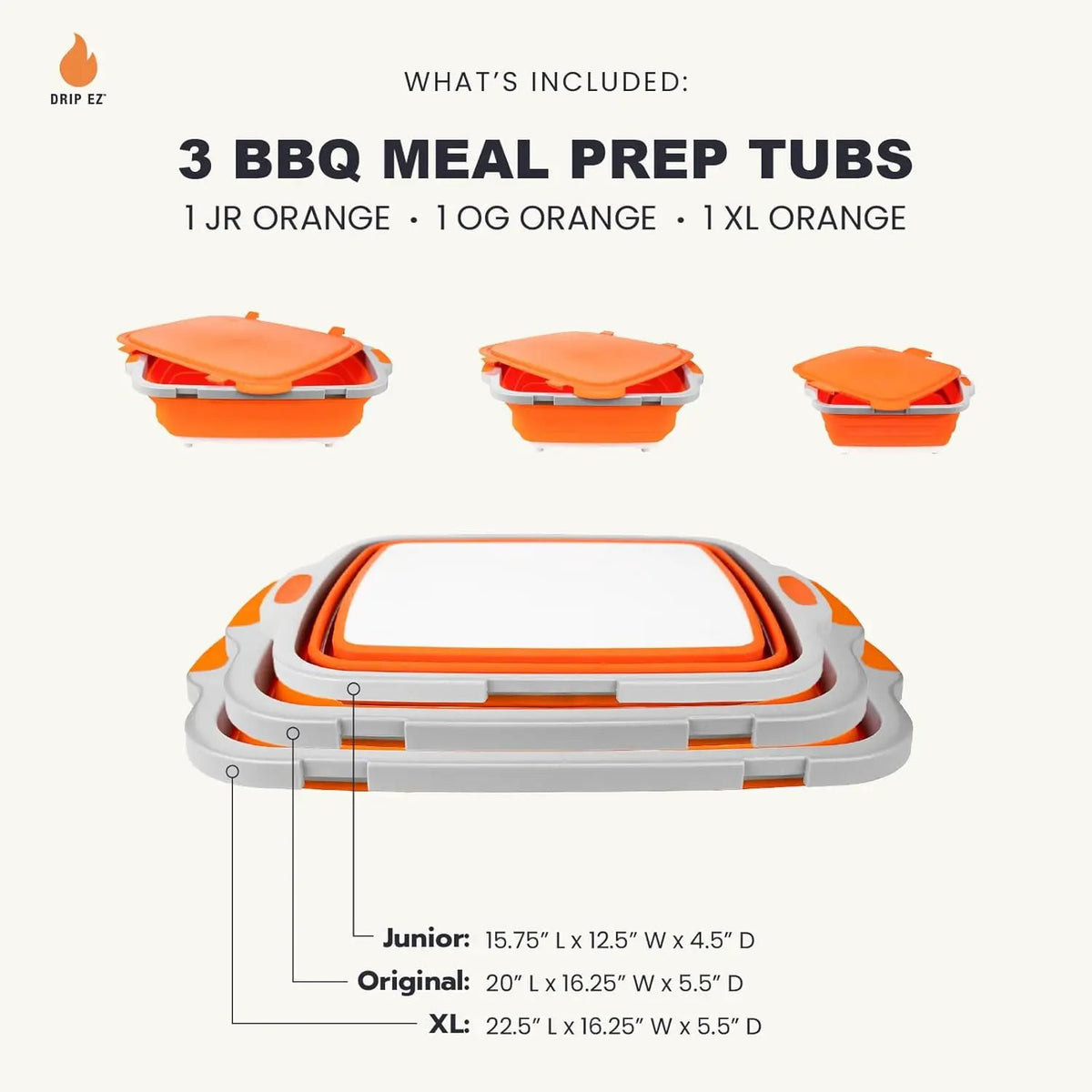 Drip EZ Collapsible BBQ Prep Tubs 3-Piece Set- For Meal Prep Marinating Food Storage - Includes Cutting Board & Lid - (1) JR + (1) OG + (1) XL - Orange, photo 2 of 6