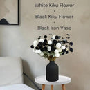 RyddeligHome Black Artificial Flowers for Centerpieces Bulk 10 Long Stems /50 Small Faux Silk Mum Balls + Black Eucalyptus Stems 2 Branches, Fall Boho Halloween Home Decor Indoor, Gothic Flowers by CozyNest Decor