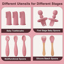 Silicone Baby Feeding Set 14 Pcs,Baby Led Weaning Supplies, Baby Spoons Suction Bowl Divided Plate Bib Cup Finger Brush,First Stage Solid Food Eating Utensils - 6+ Months(Deep Red) by TinyTreasures Baby Boutique