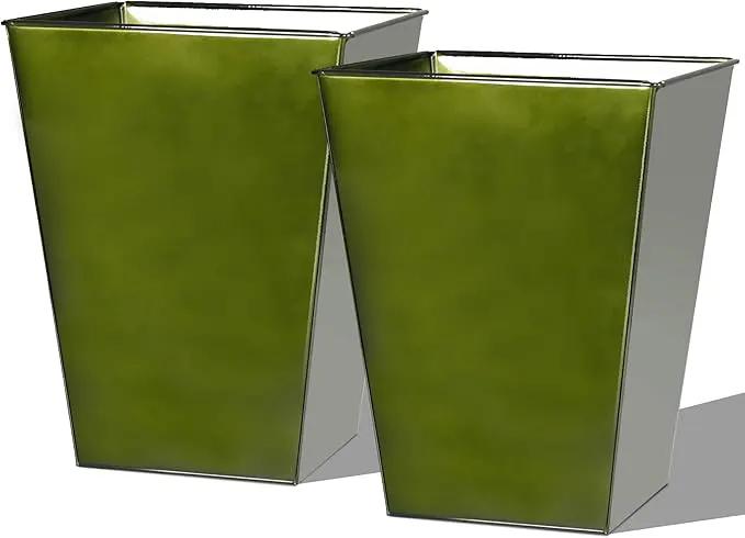 Worth Garden Large Metal Glazed Floor Planter Set of 2-14" Dia x 18" H - Luxurious Glossy Finish Green Tall Square Tapered Steel Plant Pots, Decor Flower Pot Indoor & Outdoor, Drainage Hole