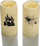 Halloween Outdoor Battery Operated Flameless Pillar Candles with Auto Daily Timer Waterproof Realistic Flickering Electric LED Lights with Spider Castle Decals Halloween Decorations 2 Pack 3X6” by GreenHaven Gardens