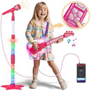 Kids Guitar and Microphone Set, Microphone with Stand and Color Light, Toy Guitar with Strap and Adjustable Volume, Toddler Musical Instrument for 5-9, Kids Karaoke Machine for Boy Girls (Pink) by TinyTreasures Baby Boutique