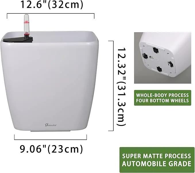 Dexceder 13x12 Self Watering Planter with Wheels Indoor Outdoor, Inner Mat Design, Thickened Large Floor Standing Flower Plant Pot with Water Level Indicator (White Matte), photo 3 of 6