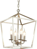 4-Light Brushed Nickel Farmhouse Chandelier, 12" Industrial Ceiling Light Lantern Pendant Light with Metal Cage Adjustable Height Rustic Hanging Light E12 Base for Kitchen Island Dining Room Entryway by CozyNest Decor