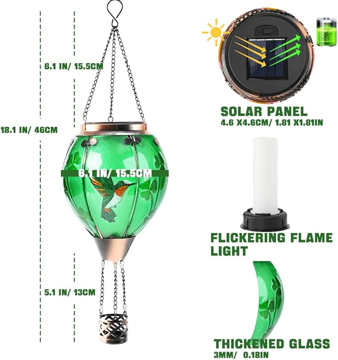 St Patricks Hot Air Balloon Solar Lantern - Simulated Flickering Flame Patrick's Shamrock Glass Lantern, Outdoor Hummingbird Hanging Yard Light for St Patty's Day Patio Porch Decor Clover Gfit, photo 6 of 6