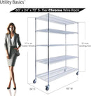 60"x24"x72" Chrome 5-Tier PREMIUM Wire Shelving NSF 4000 LBS MAX CAPACITY Heavy Duty Steel Storage Rack for Warehouses, Garages, Hospitals, Commercial Spaces, & Schools w/PREMIUM WHEELS by CozyNest Decor