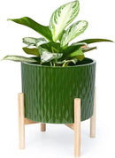 LaDoVita Ceramic Plant Pot with Stand, 10 Inch Planter with Wood Shelf, Modern Round Flower Pots Indoor with Wood Planter Holder, Dark Green Water Ripple Pattern by GreenHaven Gardens
