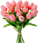 Mandy's Artificial Tulips 20 Stems Coral PU Faux Flowers for Wedding Home Decor 13.5 Inch by CozyNest Decor