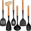 Silicone Cooking Utensils Set, 6 Pack Large Kitchen Utensils Set with Wooden Handle, Heat Resistant Silicone Utensil Spatula Set for Nonstick Cookware, Spatula, Turner, Spoon, Ladle BPA Free (Black) by CozyNest Decor