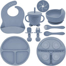 Silicone Baby Feeding Set | Baby Led Weaning Supplies Includes Suction Bowls and Divided Plates, Adjustable Bib, Baby Utensils Spoons and Forks,Cup | Baby Feeding Essentials (Blue Gray) by TinyTreasures Baby Boutique