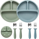 Baby Feeding Set, 2 Pack Silicone Divided Suction Plates for Baby, 2 Pack Spoons and Forks Set, BPA Free, Baby Led Weaning Supplies for Toddler Utensils by TinyTreasures Baby Boutique