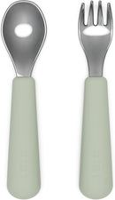 Lalo Utensils - Toddler Fork and Spoon Set - Stainless Steel and Silicone Ergonomic Toddler Utensils - Children Safe Flatware Set - 2 Pieces - Sage by TinyTreasures Baby Boutique