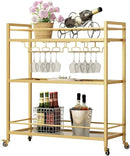 Glass Gold Bar Carts for Home with Hanging Wine Rack - Home Bar Serving Cart with 3 Mirrored Shelves, Kitchen Bar Carts, Wine Cart for Entertaining, Club Party. by CozyNest Decor