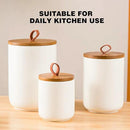 Ceramic Canister Set for Kitchen, 3pcs White Ceramic Kitchen Canisters for Countertop with Airtight Wood Lids, Large Flour and Sugar Containers for Coffee, Tea, Spice by CozyNest Decor