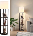 HomeFocus - Floor Lamp with Shelves,Shelf Floor Lamp with LED Bulb,Bookshelf Corner Display Lamp for Living Room,Bedroom and Office,White Linen Shade,Rustic Wood,Black by CozyNest Decor