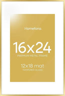 Homeforia 16 x 24 Picture Frame Gold, High End Metal 16x24 Poster Frames with Mat 12x18 Photo, 16 x 24 Gold Frame Matted to 12 by 18 Print, 24x16 Thin Hanging Frame, Tempered Glass, Wall Kit, Set of 1 by CozyNest Decor