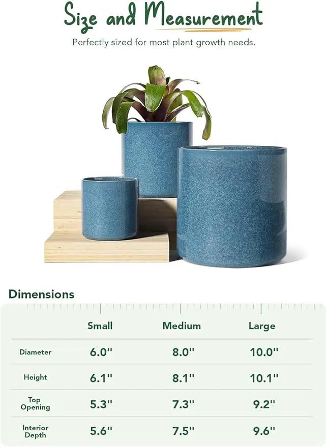 LE TAUCI Ceramic Plant Pots Indoor, 10+8+6 Inch Planters for Indoor Plants, Mid-Century Modern Flower Pots with Drainage Hole and Plug, Cylinder Round Planters, Set of 3, Reactive Glaze Blue, photo 5 of 6