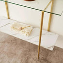 Glass Console Table for Living Room, Foyer & Entrance, 2-Tiers Mid-Century Modern Sofa Table with Clear Glass Top, White Marble Finish Wood Shelf and Gold Finish Frame by CozyNest Decor