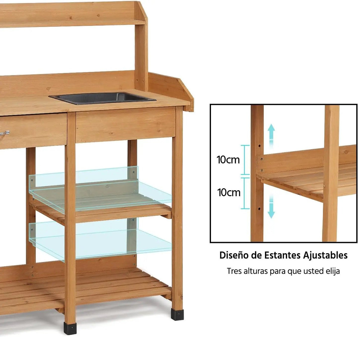 Yaheetech Potting Bench Outdoor Garden Work Bench Station Planting Solid Wood Construction for Horticulture w/Sink Drawer Rack Shelves Natural Wood, photo 6 of 6