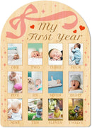 ORIGACH My First Year Baby Growth Photo Display Wood Board - 12 Months Newborn Milestones Photo Board - Neutral Baby Keepsake Frame 1st Birthday Party Nursery Decor New Mom Gift - Bow & Heart by TinyTreasures Baby Boutique