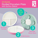 Elk and Friends Kids 7.8” Porcelain Divided Plates with Silicone Suction Sleeves | Suitable for Kids/Toddlers | Microwave & Dishwasher Safe | Non Slip | Snack Dishes | 2 Pack by TinyTreasures Baby Boutique