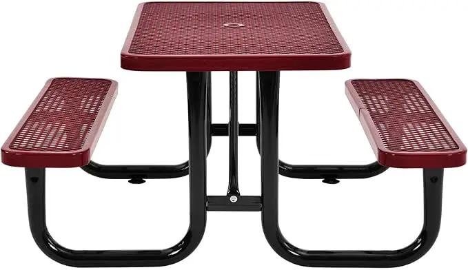 Global Industrial 4 ft. Expanded Metal Rectangular Outdoor Steel Picnic Table, Red, photo 5 of 11