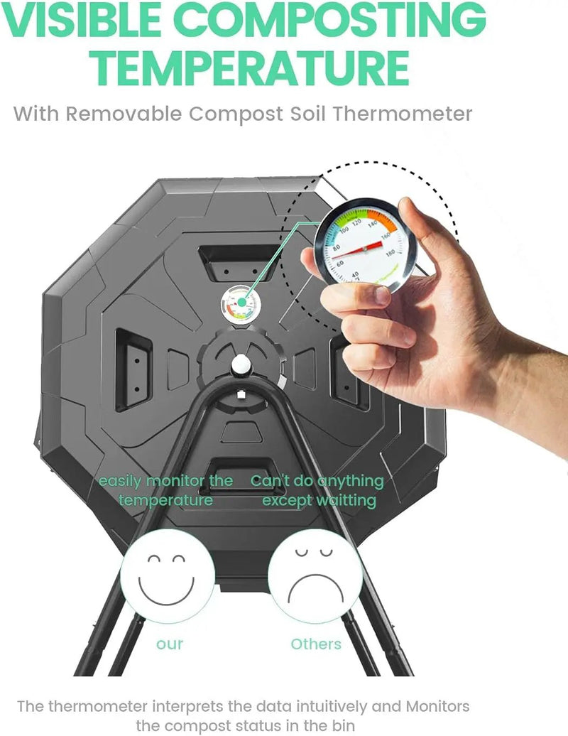 2021 Upgraded Tumbling Composter with Compost Thermometer - Dual Chamber Garden Compost Bin(43 Gal, Green), photo 3 of 6