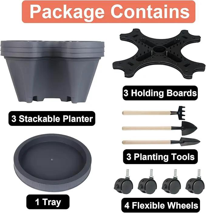 Vertical Planter 3 Tier Stackable Planters Garden Planters Strawberry Herb Flower and Vegetable Planter Indoor Outdoor Gardening Pots with Removable Wheels and Tools, photo 8 of 8
