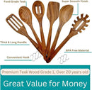 Wooden Utensils for Cooking, Premium Teak Healthy Spoons, Wooden Spoons for Cooking, Durable Eco-Friendly and Safe Teak Cooking Spoon, Cooking Gifts for Mom (set of 6) and Hooks by CozyNest Decor