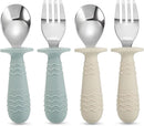 PandaEar 4 Set Baby Toddler Silicone Stainless Steel Utensils Silverware Spoon Fork for Baby Toddler BPA Free with Silicone Holding Anti-Choke Design by TinyTreasures Baby Boutique