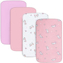 Bassinet Sheet 4 Pack for Baby Girls, Bassinet Sheets Universal Fit for Rectangle, Oval, Hourglass Bassinet Pad/Mattress, Stretchy Bassinet Sheets, Pink Print by TinyTreasures Baby Boutique