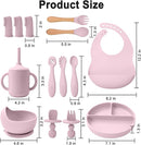 Silicone Baby Feeding Set 14 Pcs,Baby Led Weaning Supplies, Baby Spoons Suction Bowl Divided Plate Bib Cup Finger Brush,First Stage Solid Food Eating Utensils - 6+ Months(Light Pink) by TinyTreasures Baby Boutique