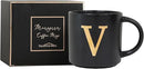 COLLECTIVE HOME - Monogram Ceramic Mugs, 15 oz Golden Initial Black Coffee Cups, Elegant Alphabet Tea Mugs, Elegant Personalized Mug with Gift Box, Unique Mug with Double Side Capital Lette (V) by CozyNest Decor