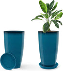 GameXcel Tall Flower Pot Indoor - Outdoor Plant Pot - Turquoise Glossy Planter - Elegant Stone Imitation - 12" Diameter 21" Tall with Drainage Holes and Saucer 2Pack by CozyNest Decor