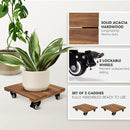 Idzo 2-Pack 12 Inch Acacia Wood Rolling Square Plant Caddy for Plant Pots, Heavy Duty Plant Stand with 360° Lockable Wheels, 264 lbs Capacity Caddy for Indoor and Outdoor Use, Natural Wood by GreenHaven Gardens