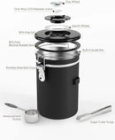 HAIOOU Airtight Coffee Canister, 16OZ Small Stainless Steel Coffee Bean Storage Container with Date Tracker, Measuring Scoop, CO2 Releasing Valves and Mini Tongs for Beans, Grounds and more - Black by CozyNest Decor