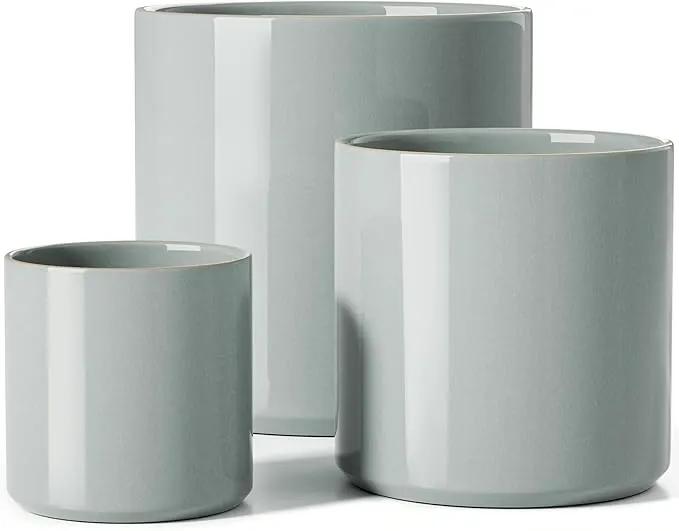 LE TAUCI Ceramic Plant Pots Indoor, 10+8+6 Inch Planters for Indoor Plants, Mid-Century Modern Flower Pots with Drainage Hole and Plug, Cylinder Round Planters, Set of 3, Blue Gray