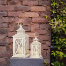 Lanterns Decorative Outdoor&Indoor, Set of 2 (14"&10") Beige Metal Lantern Decor with Glass, Candle Holder for Porch, Patio, Garden, Balcony, Wedding, Table Centerpiece by CozyNest Decor