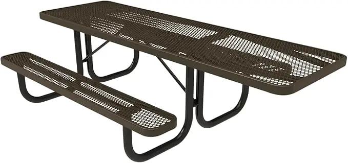 Coated Outdoor Furniture Heavy-Duty Portable ADA-Compliant Outdoor Picnic Table, Expanded Metal Patio Dining Furniture Made in America (8ft Rectangular, One-Side Handicap, Textured Brown)