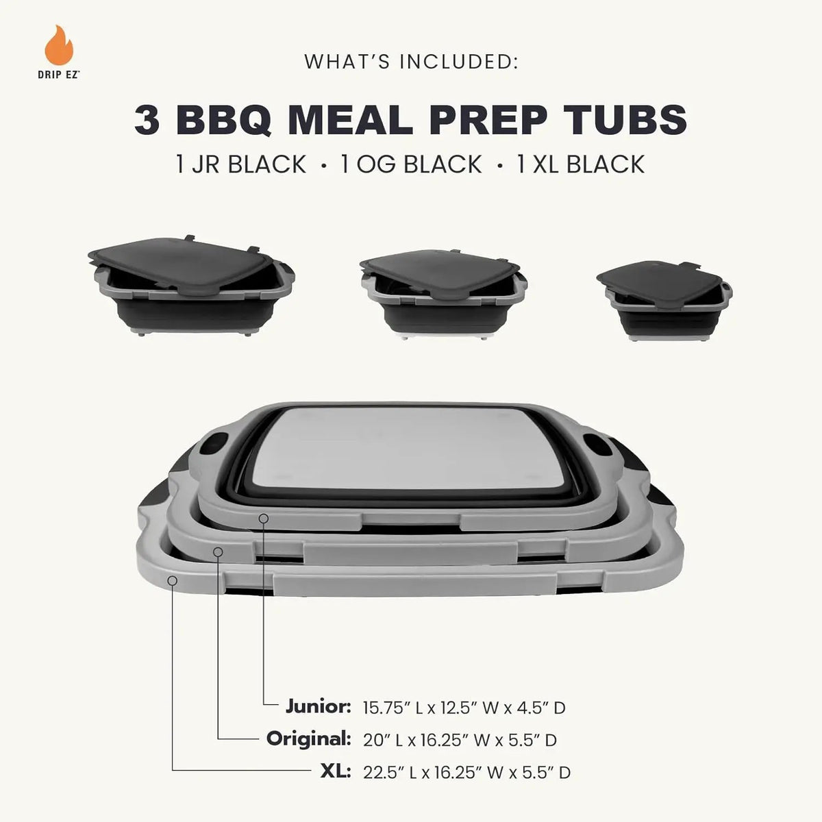 Drip EZ Collapsible BBQ Prep Tubs 3-Piece Set- For Meal Prep Marinating Food Storage - Includes Cutting Board & Lid - (1) JR + (1) OG + (1) XL - Black, photo 2 of 6